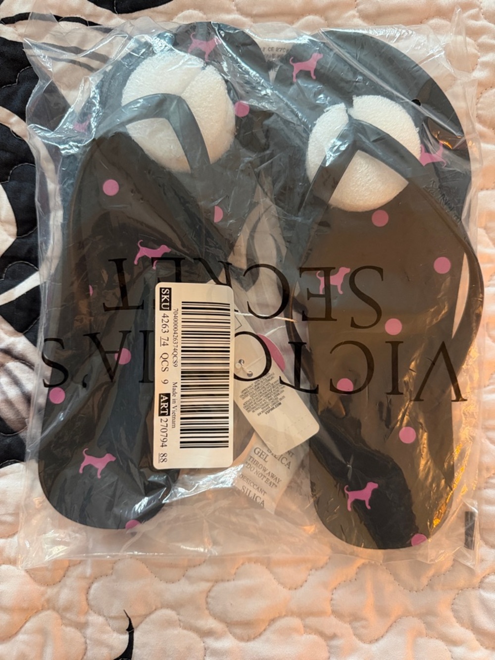 Victoria's Secret Black Flip Flops with Pink Dog & Polka Dot Accents